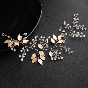 Handmade Gold Leaf Faux Artificial Pearl Bridal Hair Vine Elegant Crystal Wedding Headband Vintage Forest Style Women Hair Accessories