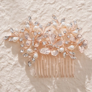 Peigne à Cheveux en Alliage Or Rose Papillon Strass Künstliche Perle Mariée Mariage Fête Femme Élégant Coiffe Florale Accessoires
