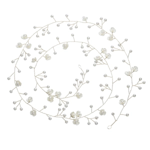 One meter handmade bridal hair vine with white flowers and pearls on silver wire