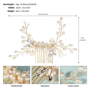 Detail view of handmade gold bridal hair comb with pearls, rhinestones and crystals