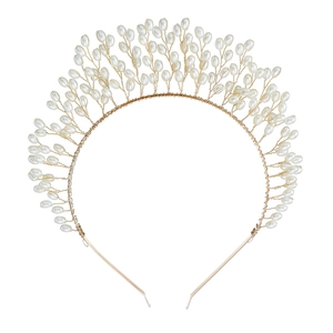 Eleganter Haarreif mit Golddraht und handgewebten weißen Perlen für Braut und Bankett