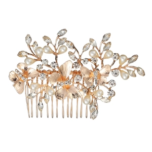 Elegante pettine per capelli a farfalla dorato con perle bianche e strass da sposa