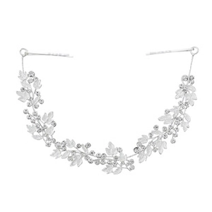 Detailed macro view of silver bridal vine headband with acrylic flowers and rhinestones