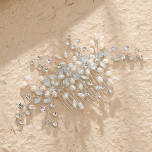 Silver bridal hair comb with white pearls and blue marquise crystals for wedding styles
