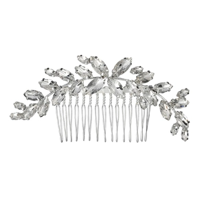 Peigne à cheveux de mariée en argent avec feuilles en strass et dents en métal