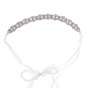 Detailed view of elegant silver bridal headband with rhinestones and white chiffon ribbons