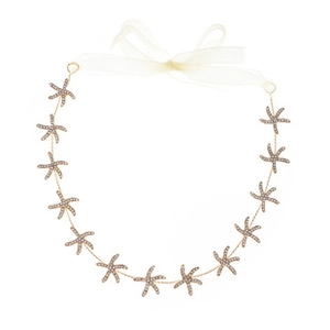 Detailed view of starfish necklace with sparkling rhinestones and beige chiffon ribbon