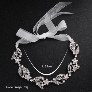 Detail view of crystal bridal headband with organza ribbon measuring 33cm in length