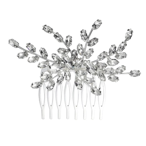 Peigne à cheveux de mariée avec strass scintillants et design de feuilles en métal argenté
