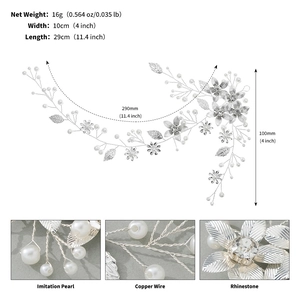 Detail view of silver bridal headband featuring handmade pearls, rhinestones and leaf motifs