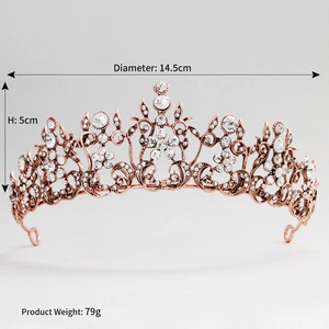 Rose gold bridal crown with crystals detail showing 14.5cm diameter and 5cm height