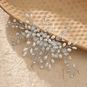 Elegant bridal hair comb with pearls, crystals and blue leaf beads on silver wire