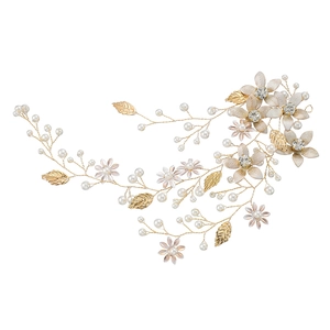 Eleganter goldener Braut Haarschmuck mit Perlen, Kristallen und Metallblättern