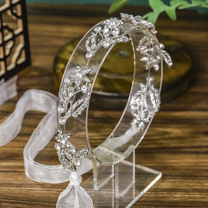 Silver bridal headband with sparkling rhinestones and white chiffon ribbon for weddings