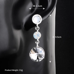 Three-tier silver drop earrings with opal stones and clear crystals, 4.5cm length