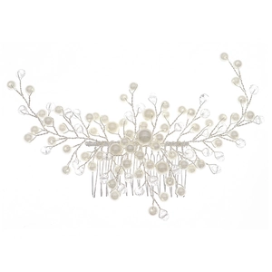 Handmade bridal hair comb with elegant white pearls and sparkling crystal rhinestones