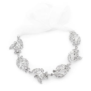 Elegant silver bridal headband with sparkling rhinestones and white organza ribbon ties