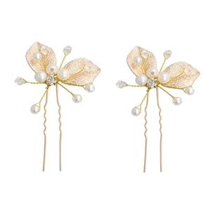 Épingles à cheveux feuilles dorées avec perles et cristaux pour coiffures de mariée