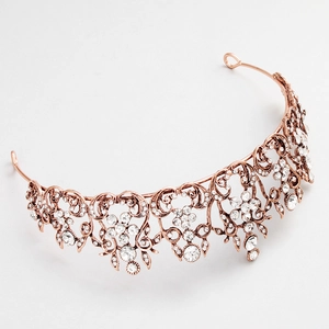 Rose gold bridal crown with floral hollow design and sparkling white rhinestones for weddings