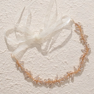 Elegant Alloy Gold Leaf Bridal Hair Vine With Rhinestone Inlaid White Ribbon Adjustable Wedding Party Women Hair Accessories