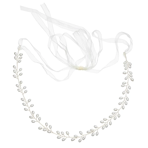 Accessoire de cheveux mariée élégant avec tissage doré, perles blanches et rubans en tulle