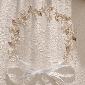 Handmade Bridal Hair Vine Gold Tone Metal Leaf White Imitation Artificial Pearl Headband With Satin Ribbon Elegant Wedding Hair Accessories