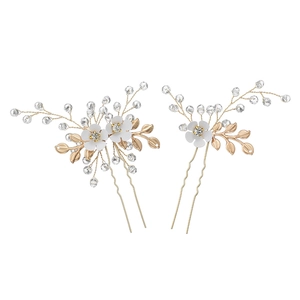 Elegant U-shaped hair pins with white flowers, gold leaves, and crystal beads for bridal hair