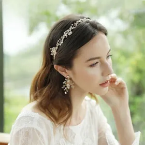 Detail of floral bridal headband and earrings set with pearls and crystals on model