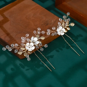 Vintage Gold Alloy Handmade Flower Leaf Hair Stick Rhinestone Artificial Crystal Bridal Wedding Elegant Hairpin Headpiece Jewelry Accessory