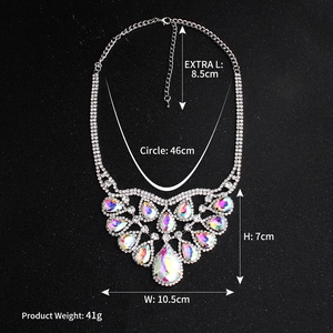 Detailed view of luxury teardrop AB crystal statement necklace with size measurements