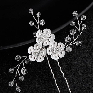 Elegant silver hair pin with white flowers and crystals for bridal or hanfu styling