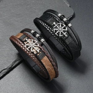 Bracelet Homme Rétro Viking à Plusieurs Couches en Cuir Artificiel Avec Boucle Magnétique en Alliage Symboles Nordiques Bijoux Punk