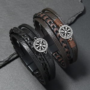 Vintage Men Multi-layer Leather Bracelet Alloy Viking Compass Vegvisir Rune Symbol Magnetic Clasp Punk Wristband Jewelry Gift