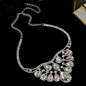 Detailed macro view of silver luxury rhinestone necklace with AB teardrop crystals