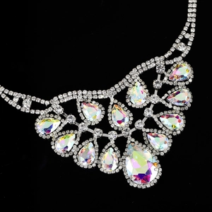 Luxury silver statement necklace with teardrop rainbow crystals and pavé diamonds