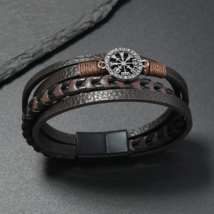 Vintage multilayer leather bracelet for men featuring a Viking compass metal charm