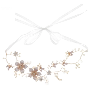 Serre-tête de mariée fait main en or rose avec fleurs en soie, perles et cristaux