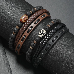 Men Vintage Multi-Layer Braided PU Leather Bracelet Natural Stone Dzi Beads Bracelet With Magnetic Clasp Ethnic Punk Jewelry