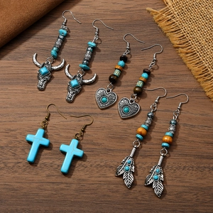 Vintage Bohemian Turquoise Dangle Earrings For Women Western Bull Head Heart Cross Feather Alloy Bead Ethnic Ear Hooks