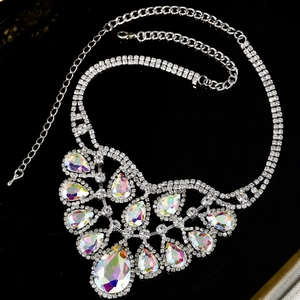 Luxury silver bridal necklace with large pear-shaped AB crystals and rhinestone layers