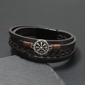Vintage Viking compass leather bracelet for men with magnetic metal clasp and runes