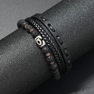 Men's multi-layer leather braided bracelet set with natural black lava stone beads