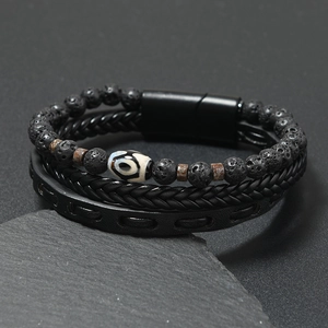 Men's triple-layer bracelet featuring lava stones, braided leather, and magnetic matte clasp