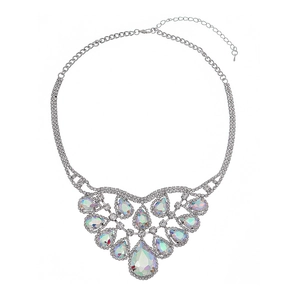 Chunky silver collar necklace featuring colorful pear-cut crystals and pavé rhinestones