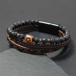 Men's multilayer leather bracelet with natural lava stone and dZi bead magnetic clasp