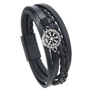 Men's Viking Vegvisir compass multi-layer black leather bracelet with magnetic clasp