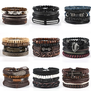 Retro Men's Multilayer Leather Bracelet Set Handmade Woven Rope Alloy Wing Cross Charm Punk Bohemian Wrap Bracelet Jewelry Gift