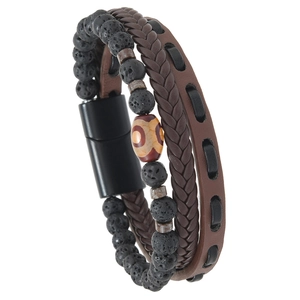 Men's multilayered leather bracelet with volcanic stone beads and ethnic tianzu charm