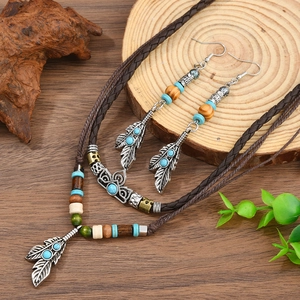 Détail du collier bohème en perles turquoise avec pendentif plume et boucles d'oreilles