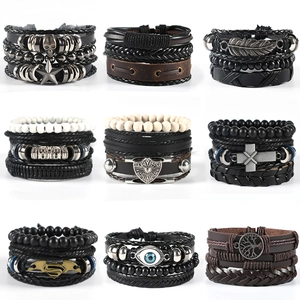 Vintage Multi-layer Leather Bracelet Set For Men Women Handmade Woven Wax Cord Alloy Pendant Skull Evil Eye Charm Wristband Jewelry